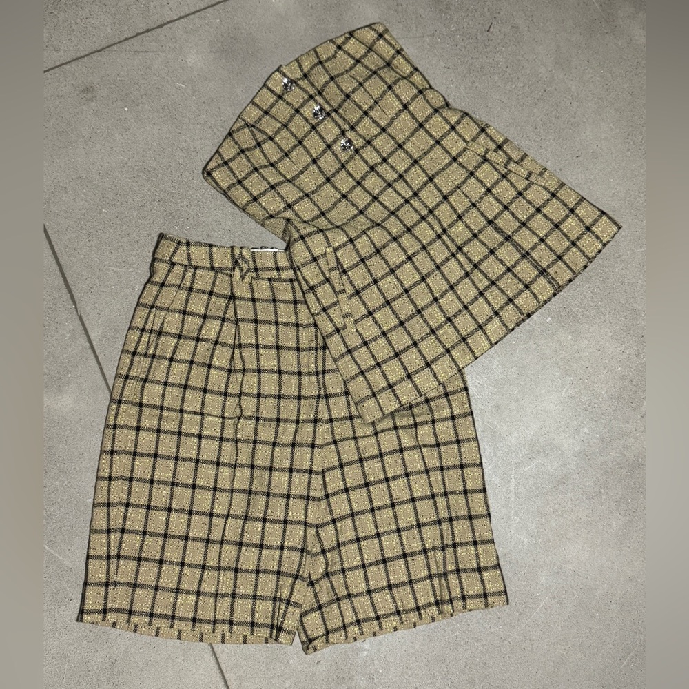 Ganni Check Suiting Strapless Top and Relaxed Pleated Short Set